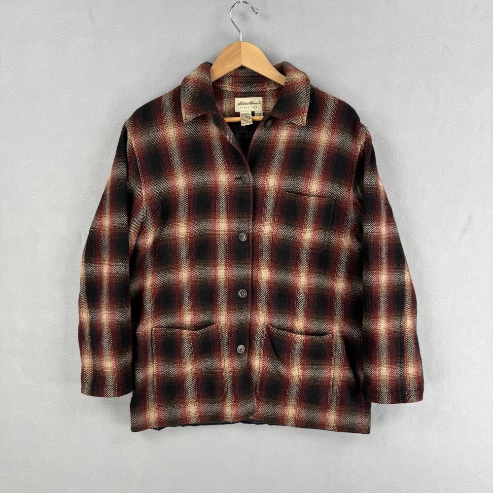 Vintage Eddie Bauer Jacket Womens Medium Red Plaid Wool Button Front 90s
